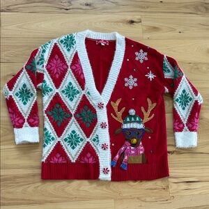 Jollidays Embroidered Reindeer Button Up Christmas Sweater Size Large